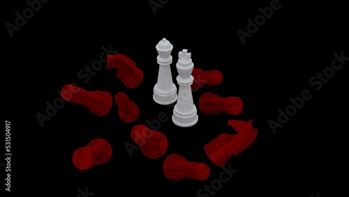 white and red chess on a black background. The queen wins the battle