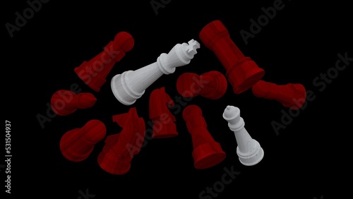 white and red chess on a black background. The queen wins the battle