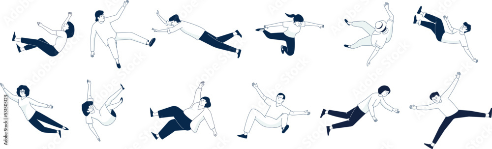 Flying and falling people isolated on white. Men and women float in ...