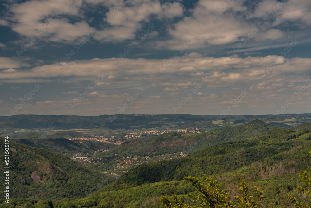 View from Varhost hill and lookout tower there for Ceske Stredohori mountains