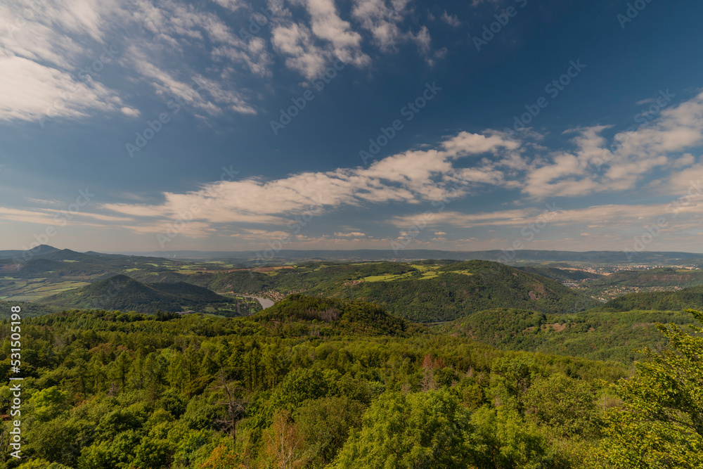 View from Varhost hill and lookout tower there for Ceske Stredohori mountains