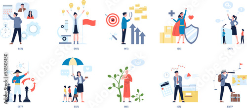 Mbti types characters, individuals logic problem. Creative mindset people, intuitive mind and business problem solve. Recent psychology typologies vector persons photo