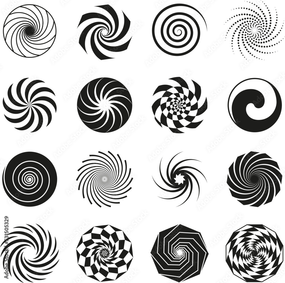 Black swirls and spirals simple graphic elements. Whirlwind isolated icons, spiral circular shapes. Swirling abstract hypnosis tidy vector design Black swirls and spirals simple graphic elements. Whirlwind isolated icons, spiral circular shapes. Swirling abstract hypnosis tidy vector design