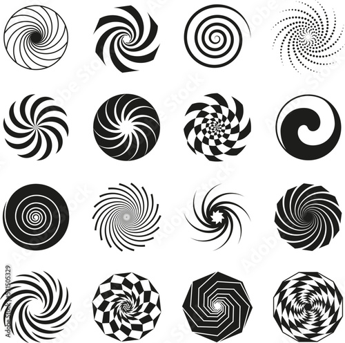 Black swirls and spirals simple graphic elements. Whirlwind isolated icons, spiral circular shapes. Swirling abstract hypnosis tidy vector design