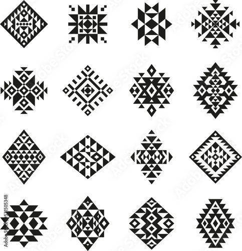 Aztec motifs tribal ethnic design. Navajo decoration symbols set, boho tattoo geometric template. Isolated art peru ornament, native folk tidy vector emblems