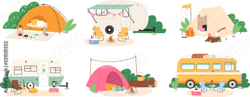 Hiking camping rest locations with tools, tent and campers. Forest outdoor adventure transport, tourist house and recreation places racy vector set