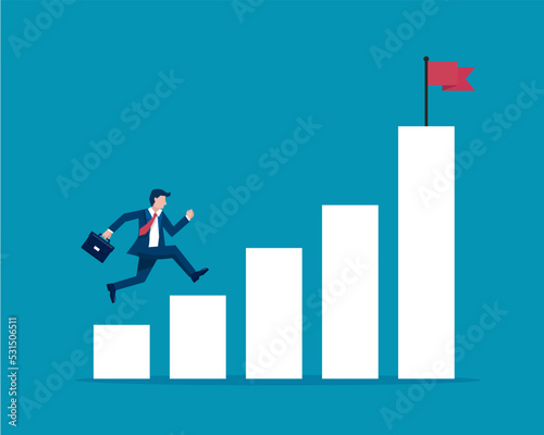 businessman jump to red flag. step goal achievement for success. motivation graph business growth symbol. isolated on blue background. vector illustration in flat style modern design.