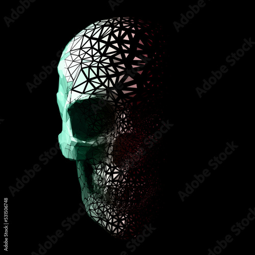 Disintegration style polygonal skull . Vector illustration of a scary human skull . 3D low poly particle fading effect.