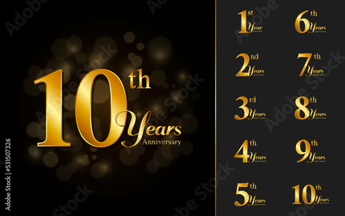Set of anniversary logotype with golden text. Golden anniversary celebration design for booklet, leaflet, brochure, poster, web, invitation or greeting card. Vector illustration.