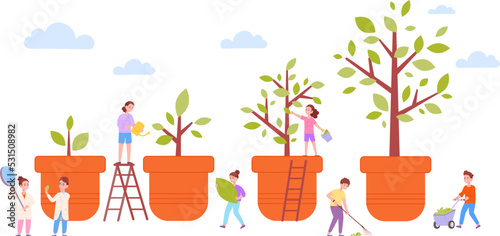 Teenagers grow tree. Kids planting eco sprout and clean-up or picking plants leaves, children or teenager gardening earth development protection nature plant vector illustration