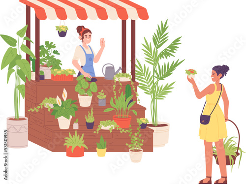 Houseplants seller. Local houseplant shop street stall of potted flowers, professional floristry, beautiful floral plants market, female garden florist kiosk vector illustration