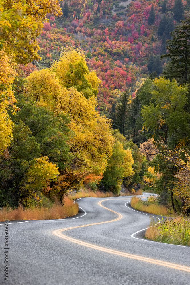 Alpine loop scenic byway in Utah during autumn time.