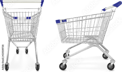 Realistic supermarket trolley. 3d empty pushcart supermarket retail, shopper trolly cart render shopping metal steel basket for grocery product consumer tidy vector illustration