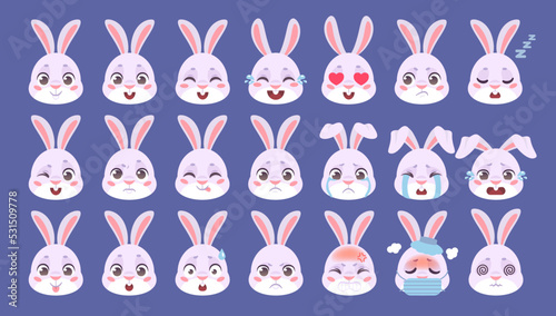 Rabbit emoji. Bunny emoticon, hare face emotion cute easter animal expression kawaii smiling or cry character stickers set muzzle rabbits avatars ingenious icon vector illustration