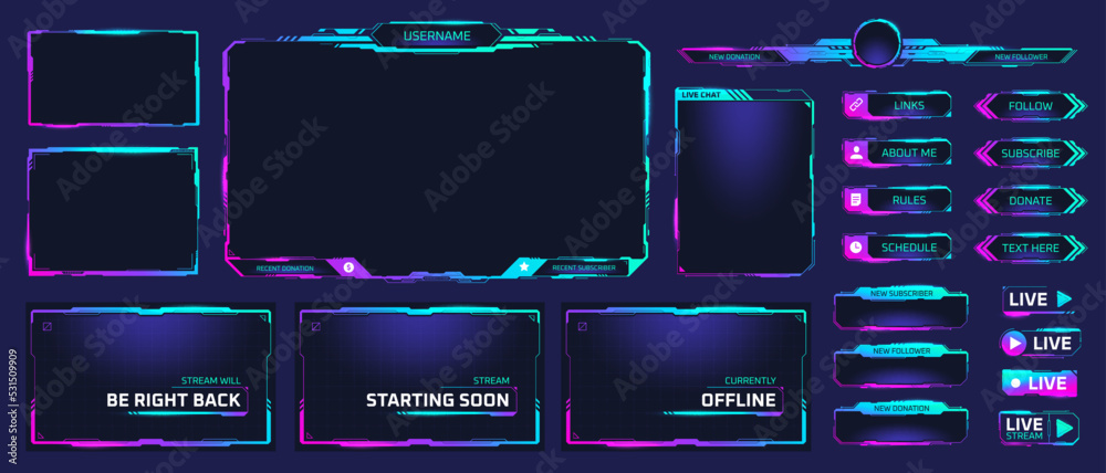 Game stream frames. Glow theme for live conference of gaming streamers, hud frame twitch streaming media gamer broadcast webcam digital box video screen, garish vector illustration - obrazy, fototapety, plakaty 