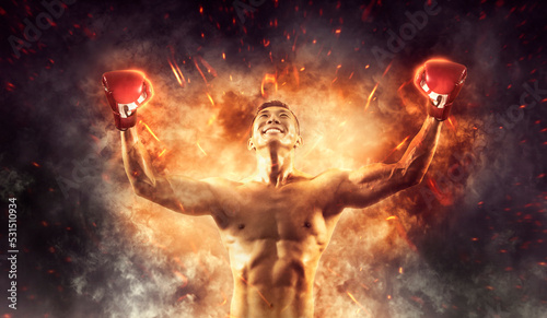 Boxer in red gloves on fire background © Andrey Burmakin