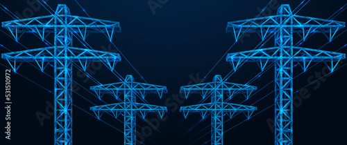 Towers of power lines. Polygonal design of lines and dots. Blue background.