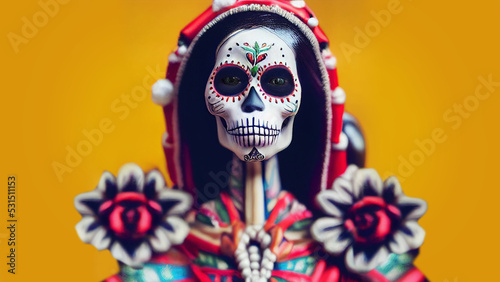 Día de los Muertos, Mexican holiday Day of the Dead and Halloween. Vector illustration of a woman with sugar skull makeup and flowers - Calavera Catrina for poster, card or background photo