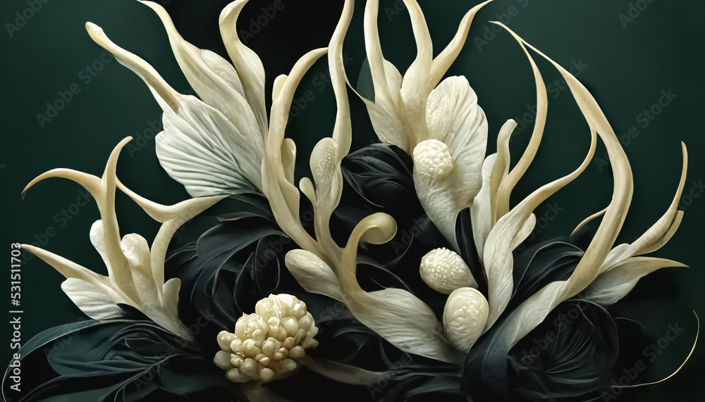 Obraz premium Abstract elegant floral background. Decorative ivory corals carved flowers. 3D illustration.