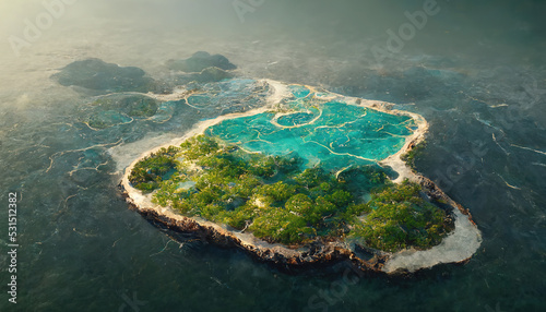 erial view of small exotic atoll islands in the open ocean sea. Beautiful nature. 3D illustration.