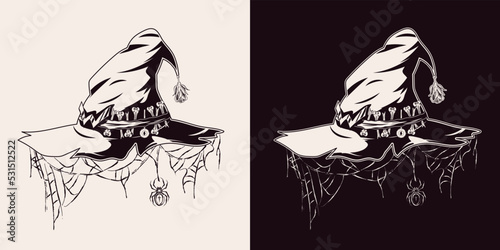 Monochrome pointed witch hat with W shaped buckle, bones, eye on stick behind a ribbon on a hat, rose, hanging spiderweb like veil. Traditional halloween decor. Vector illustration.