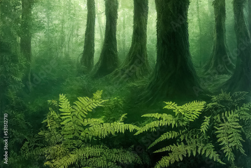Prehistoric antediluvian forest landscape with primitive trees and ferns. Digital 3D illustration. photo