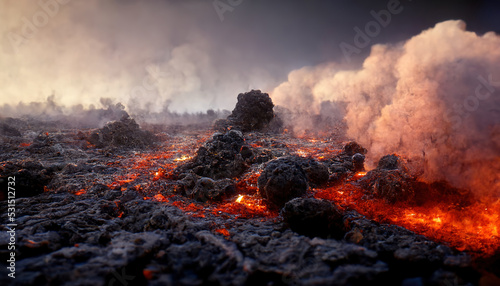 Apocalyptic volcanic landscape with hot flowing lava and smoke and ash clouds. 3D illustration.