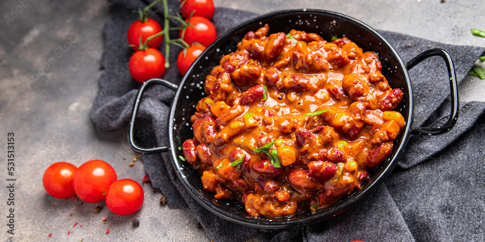 Сhili con carne beans, corn, meat, tomato healthy meal food snack on the table copy space food background Сhili con carne beans, corn, meat, tomato healthy meal food snack on the table copy space food background