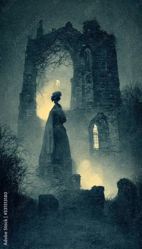 Gloomy dark landscape, old Victorian photo style. Ghosts in abandoned church ruins. 3D illustration.