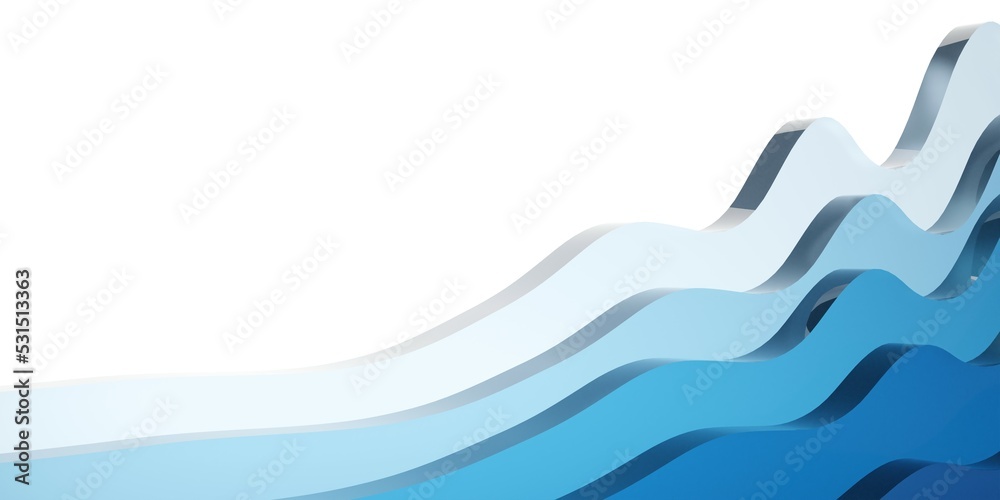 Stacked blue glass rising abstract wave shapes over white background, abstract data visualisation or growth concept