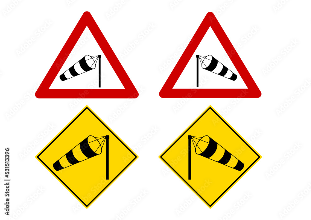 Crosswind road sign - windsock in red triangle and in yellow rhombus vector illustration set. Black and white stripe wind cone on pole side wind warning sign. Flat design pictogram. Crosswind road sign - windsock in red triangle and in yellow rhombus vector illustration set. Black and white stripe wind cone on pole side wind warning sign. Flat design pictogram.