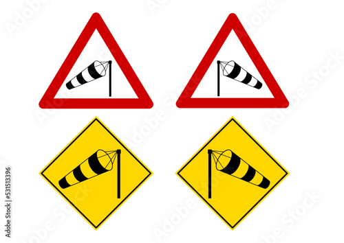 Crosswind road sign - windsock in red triangle and in yellow rhombus vector illustration set. Black and white stripe wind cone on pole side wind warning sign. Flat design pictogram.