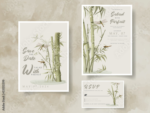 wedding invitation card set with hand drawn bamboo illustration
