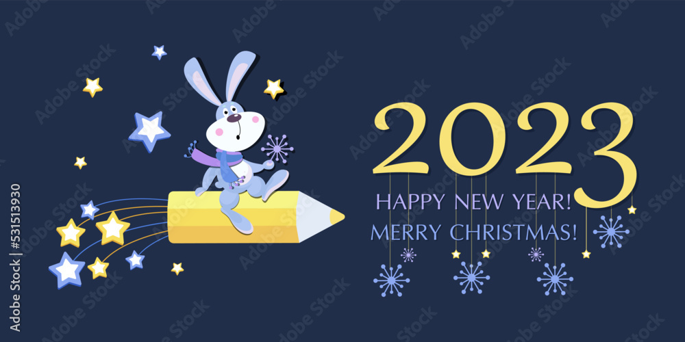 Naklejka premium Cartoon Rabbit. Space. 2023. Merry Christmas. New Year. Rabbit symbol of 2023. Chinese calendar.