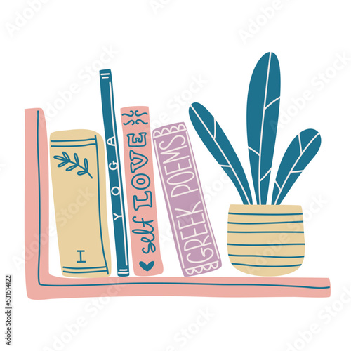 Bookshelf with flower pot. Cute vector hand drawn illustration.
