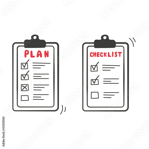 Checklist doodle icon set. Hand drawn clipboard template vector illustration