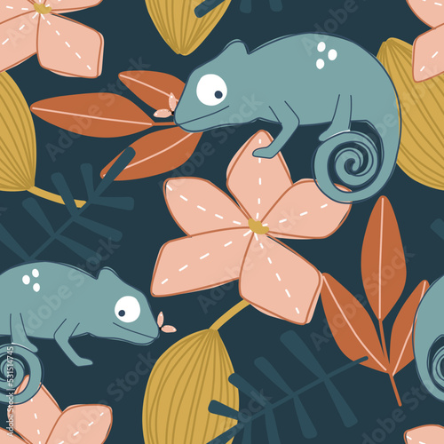 Seamless pattern chameleon and tropical flowers on dark background in scandinavian style for fabric, textile, wallpaper