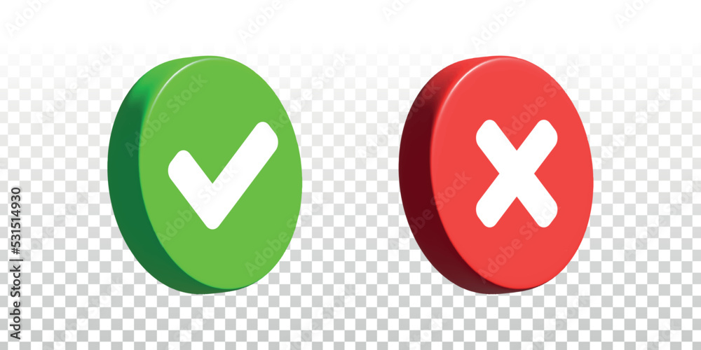 Fototapeta premium Vector realistic isolated 3D Tick and Cross logo on the transparent background.