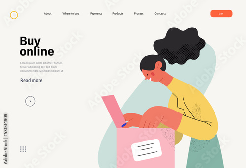 Buy online - Online shopping and electronic commerce web template - modern flat vector concept illustration of a woman unpacking a parcel box. Delivery, discounts, sale and online orders concept