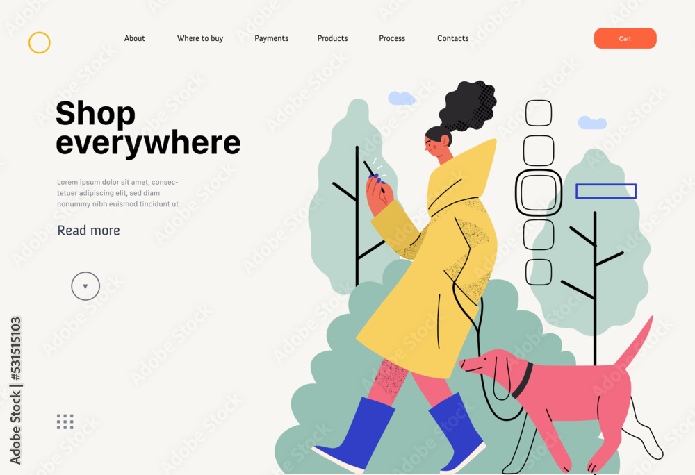 Shop everywhere -Online shopping and electronic commerce web template -modern flat vector concept illustration of woman walking with dog and shopping. Promotion, discounts, sale, online orders concept