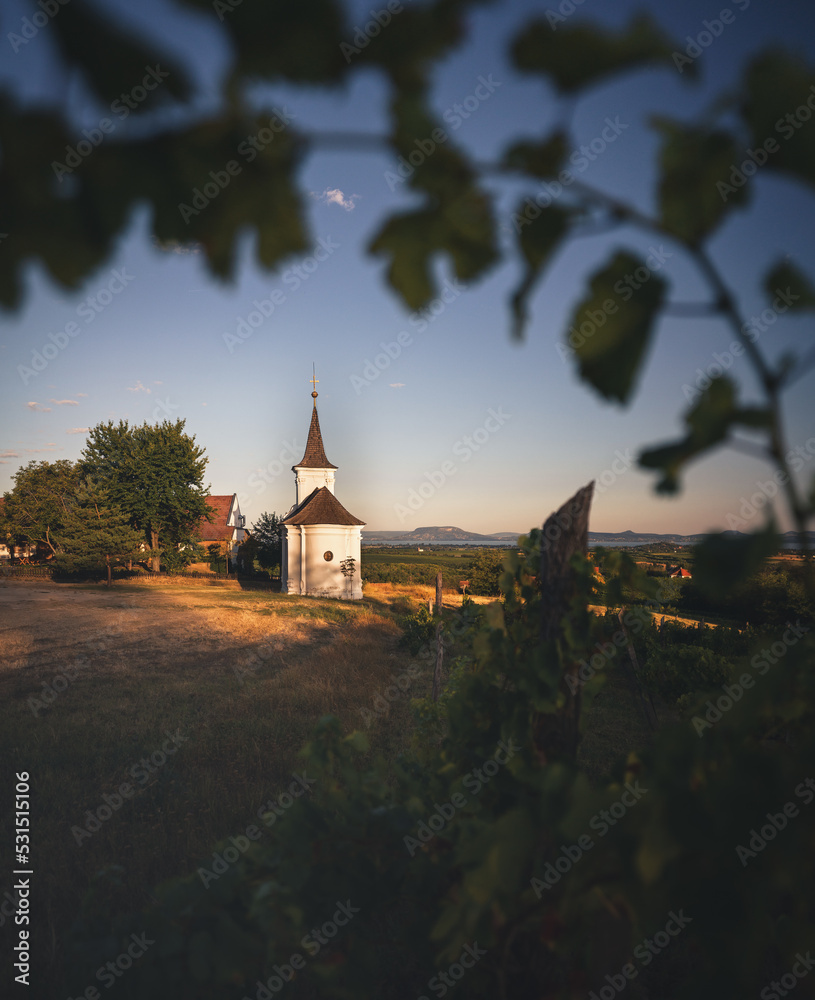 Nice old white chapel with vineyards at Balatonlelle