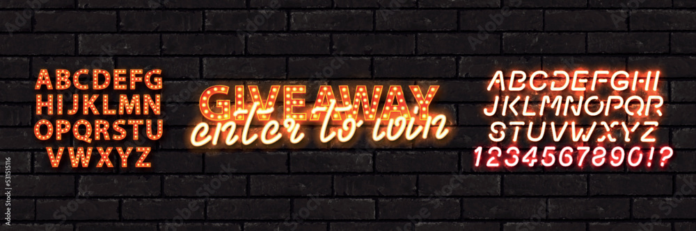 Vector realistic isolated neon sign of Giveaway Enter To Win text with retro marquee alphabet font on the wall background.