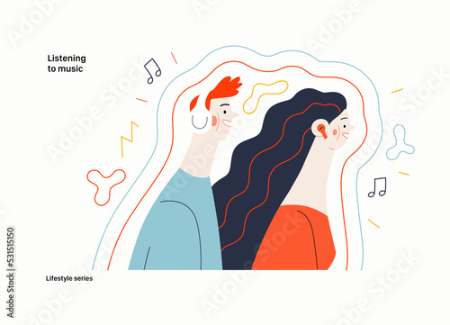 Lifestyle series - Listening to music - modern flat vector illustration of a man and a woman with buds and headphones listaening to music surrounded by waves. People activities concept