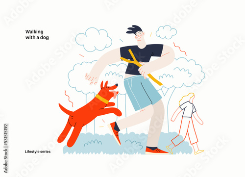 Lifestyle series - Walking with a dog - modern flat vector illustration of a young man and a dog playing outside. People activities concept