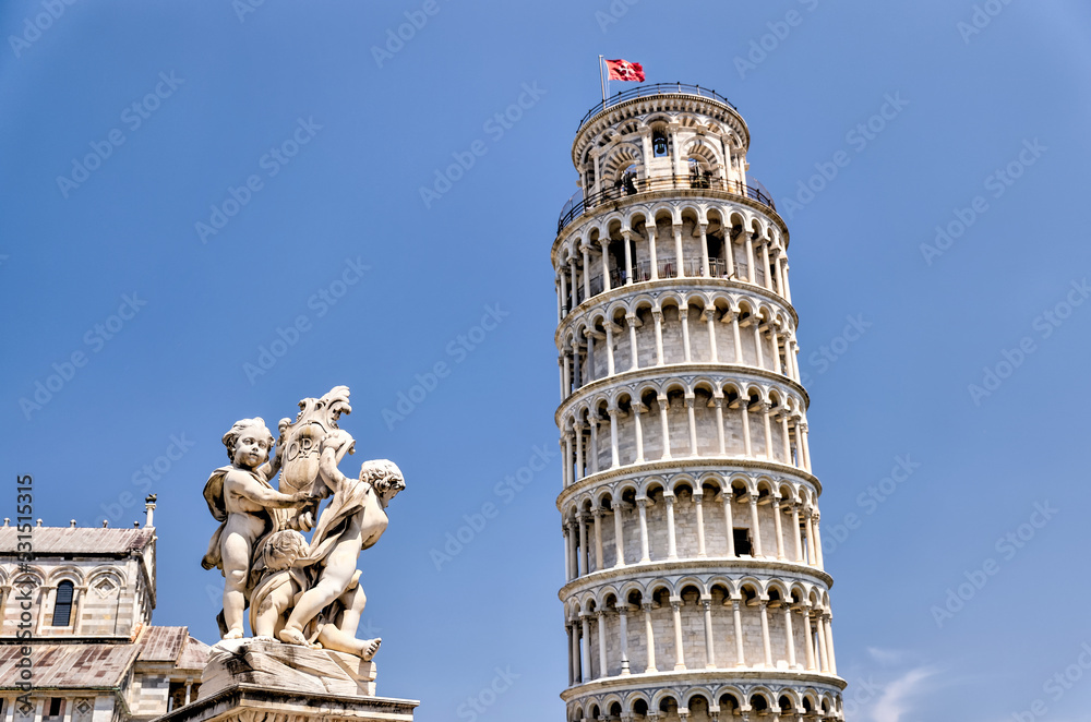 Pisa, Italy - July 24, 2022: Architectural details of the leaning tower of Pisa

