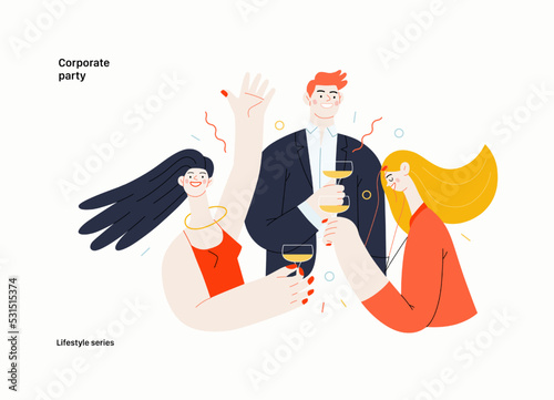 Lifestyle series - Corporate party - modern flat vector illustration of business people entertaining in the office at corporate, drinking champagne. People activities concept