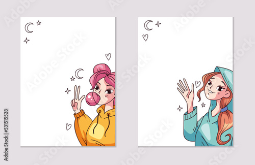 Anime manga japan girls board empty text space banner cards isolated set. Graphic design element vector illustration