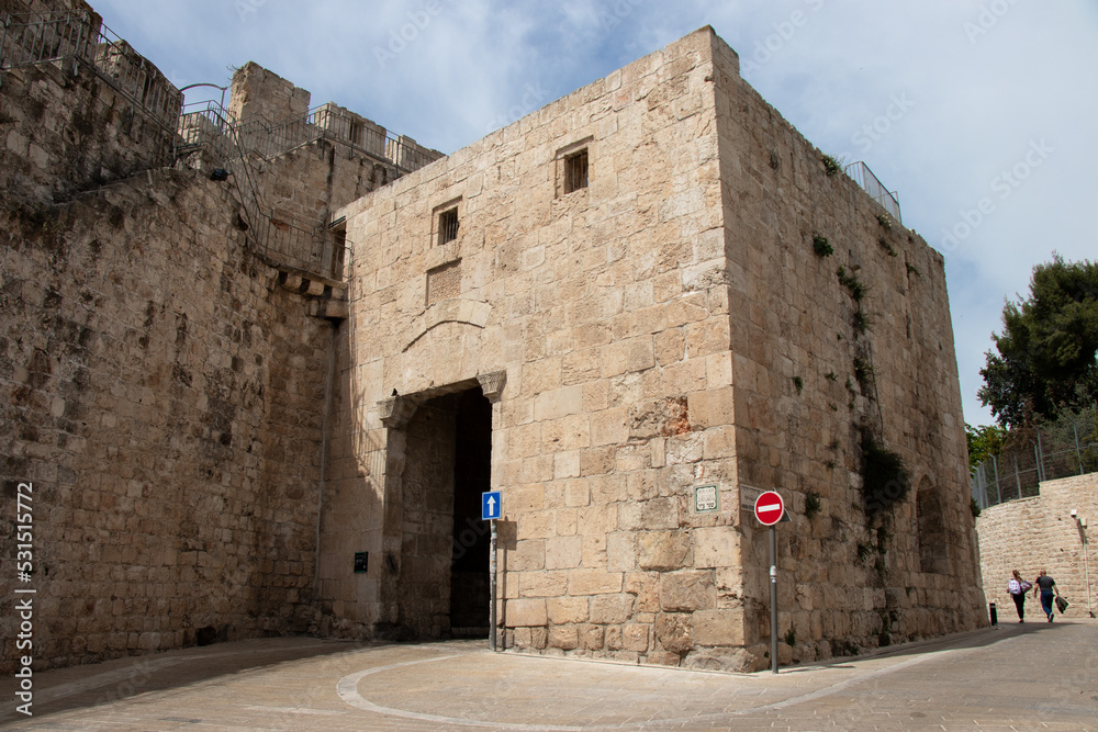 Zion Gate of the old city of Jerusalem - Israel: 22 April 2022. Historical buildings in the Holy Land