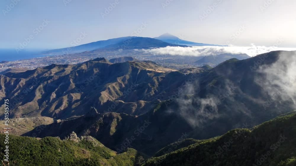 Mountain landscape. View from the observation deck: Mirador Pico del Ingles. In the background Teide volcano. Tenerife, Canary Islands, Spain. Mountain landscape. View from the observation deck: Mirador Pico del Ingles. In the background Teide volcano. Tenerife, Canary Islands, Spain.