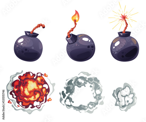 Bomb dynamite frame boom explosion steps isolated set. Graphic design element vector illustration